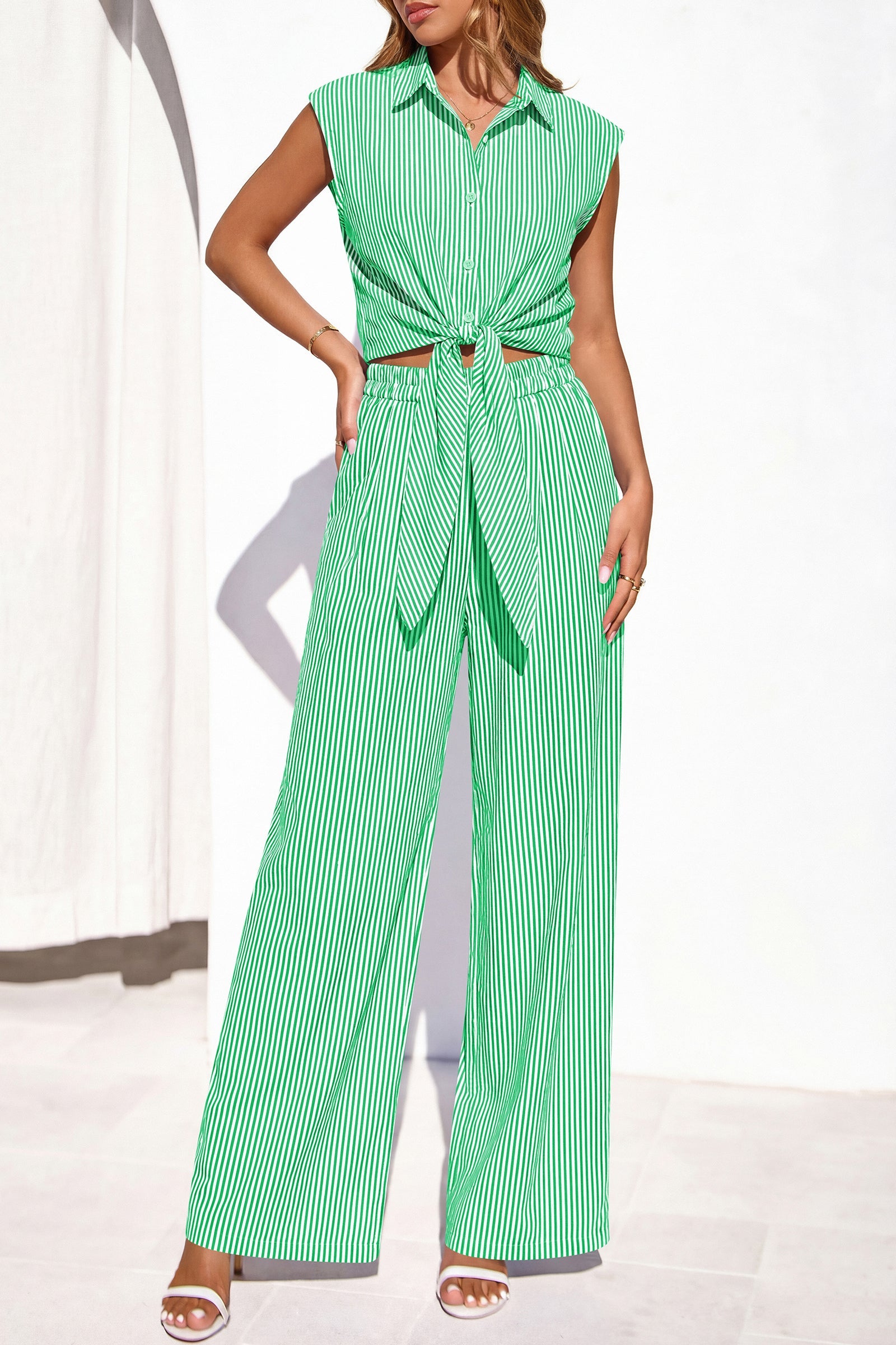 PRETTYGARDEN 2 Piece Sets For Women Summer Striped Button Down Tie Front Crop Tops Wide Leg Pants Floral Lounge Set 2026 PRETTYGARDEN