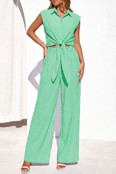 PRETTYGARDEN 2 Piece Sets For Women Summer Striped Button Down Tie Front Crop Tops Wide Leg Pants Floral Lounge Set 2026 PRETTYGARDEN