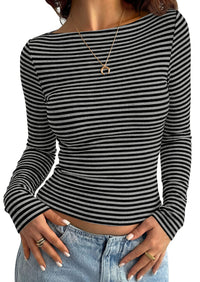 PRETTYGARDEN Long Sleeve Striped Shirts for Women				  Soft Ribbed Knit ,Y2k Tshirt,Slim Fit Layering,Cute Tops,Basic Tee,Business Casual Outfits,2026 Spring Fall Trendy Clothes