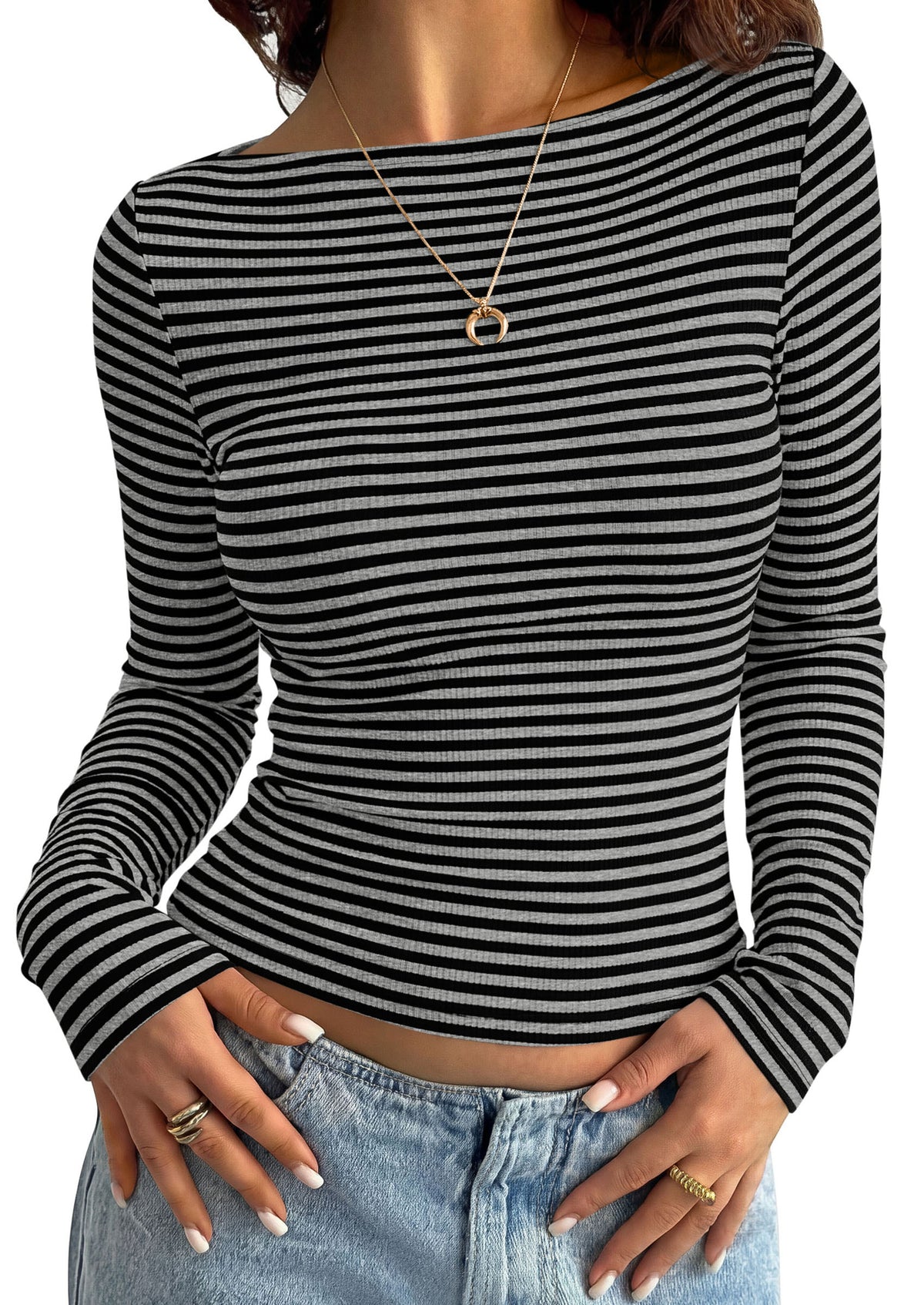 PRETTYGARDEN Long Sleeve Striped Shirts for Women				  Soft Ribbed Knit ,Y2k Tshirt,Slim Fit Layering,Cute Tops,Basic Tee,Business Casual Outfits,2026 Spring Fall Trendy Clothes