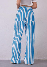 Women Striped Pants 2025 Summer Casual Trendy Lightweight Wide Leg Drawstring Lounge Pajama Trouser with Pockets