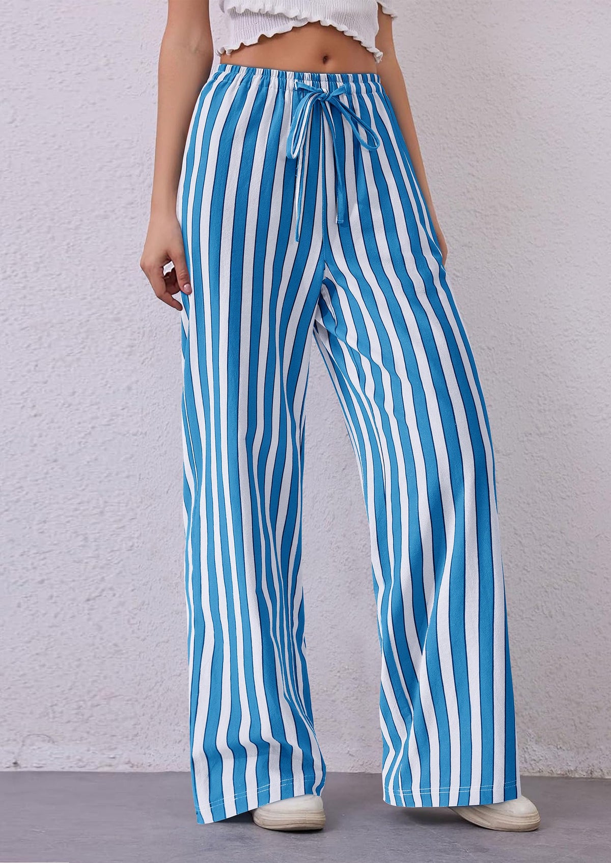 Women Striped Pants 2025 Summer Casual Trendy Lightweight Wide Leg Drawstring Lounge Pajama Trouser with Pockets