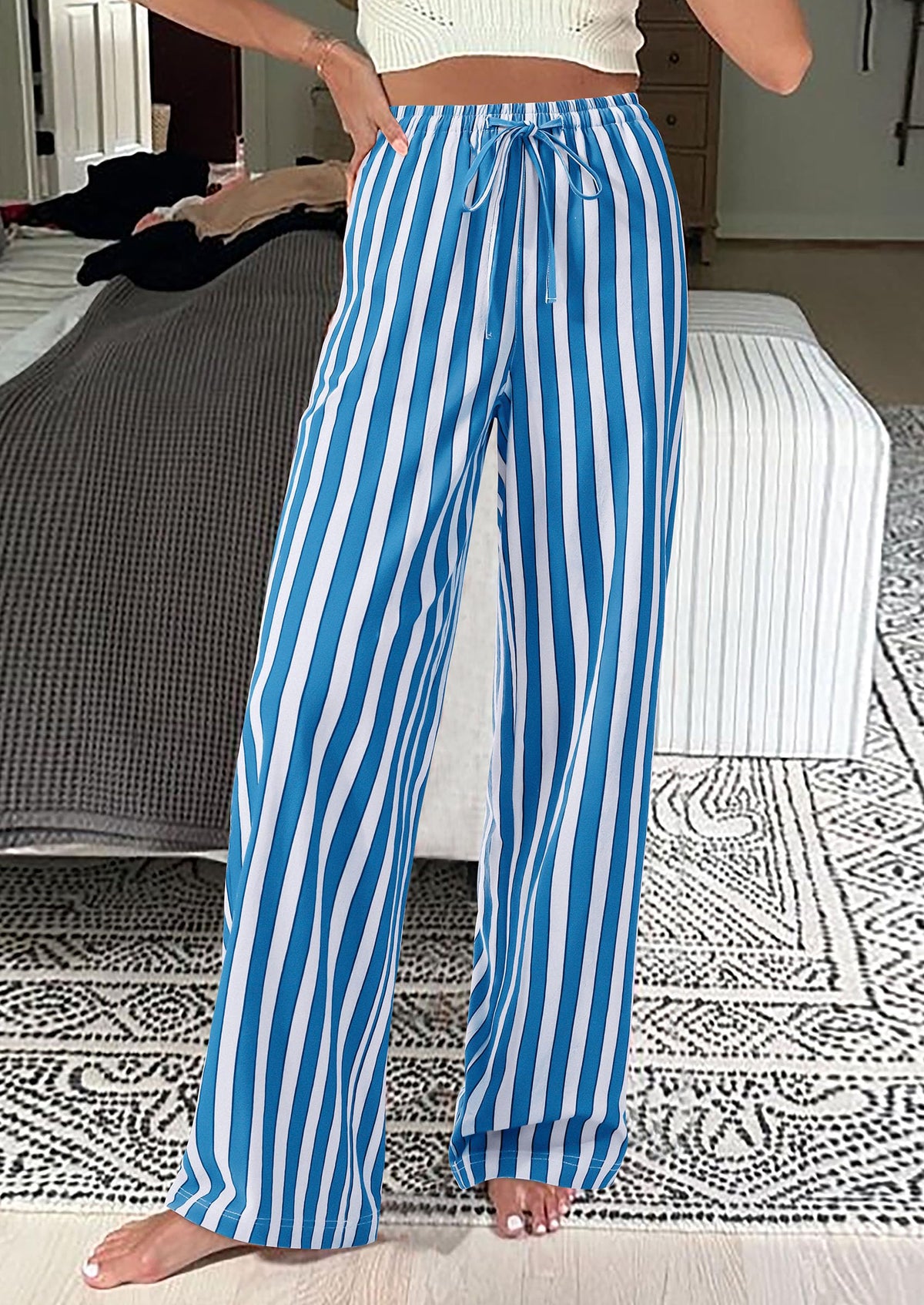 Women Striped Pants 2025 Summer Casual Trendy Lightweight Wide Leg Drawstring Lounge Pajama Trouser with Pockets