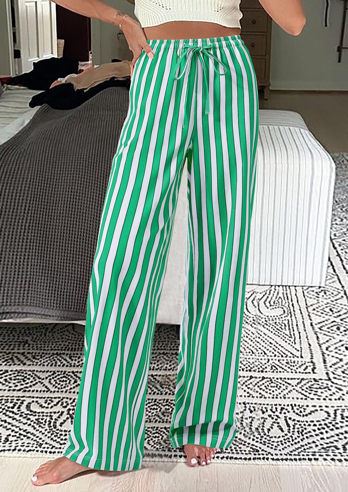 Women Striped Pants 2025 Summer Casual Trendy Lightweight Wide Leg Drawstring Lounge Pajama Trouser with Pockets