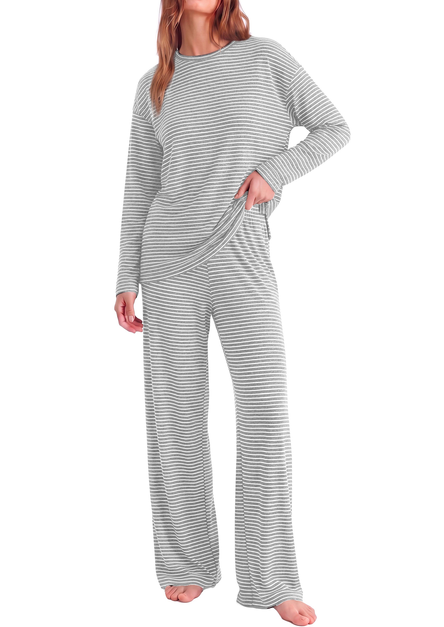 PRETTYGARDEN Womens Striped Lounge Set Fall Winter 2 Piece Sets | Side Slit Long Sleeve T-Shirts & Wide Leg Pants, Matching Pajama Sets, Comfy Pj Set, Loungewear with Pockets, Fashion Clothes