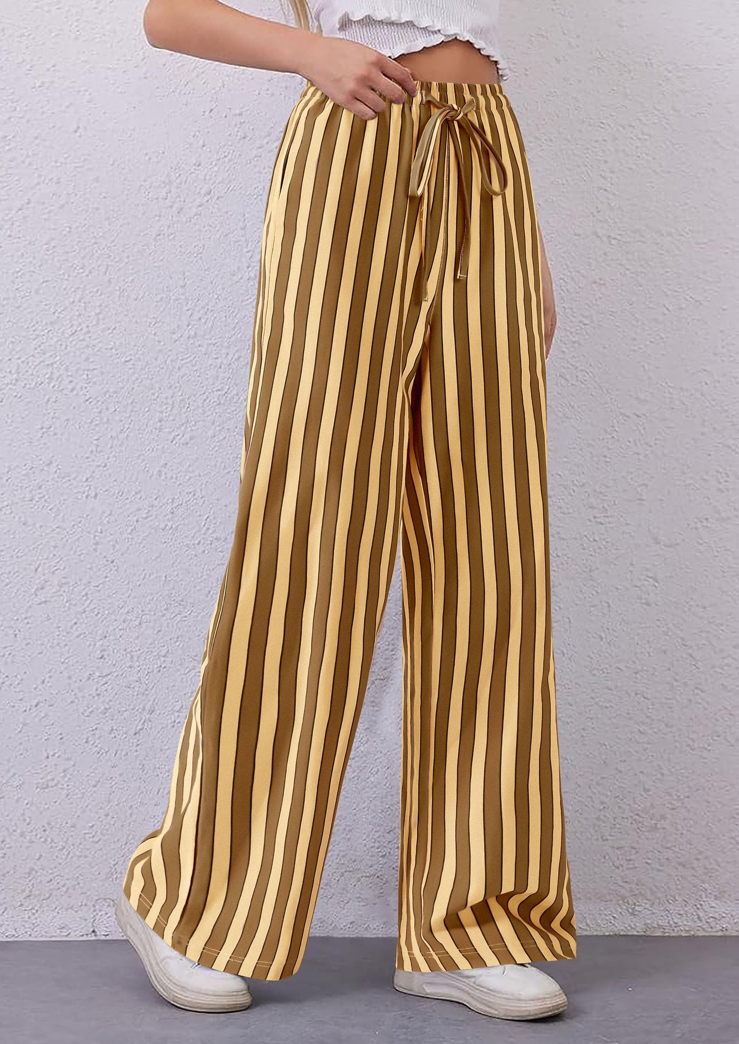 Women Striped Pants 2025 Summer Casual Trendy Lightweight Wide Leg Drawstring Lounge Pajama Trouser with Pockets