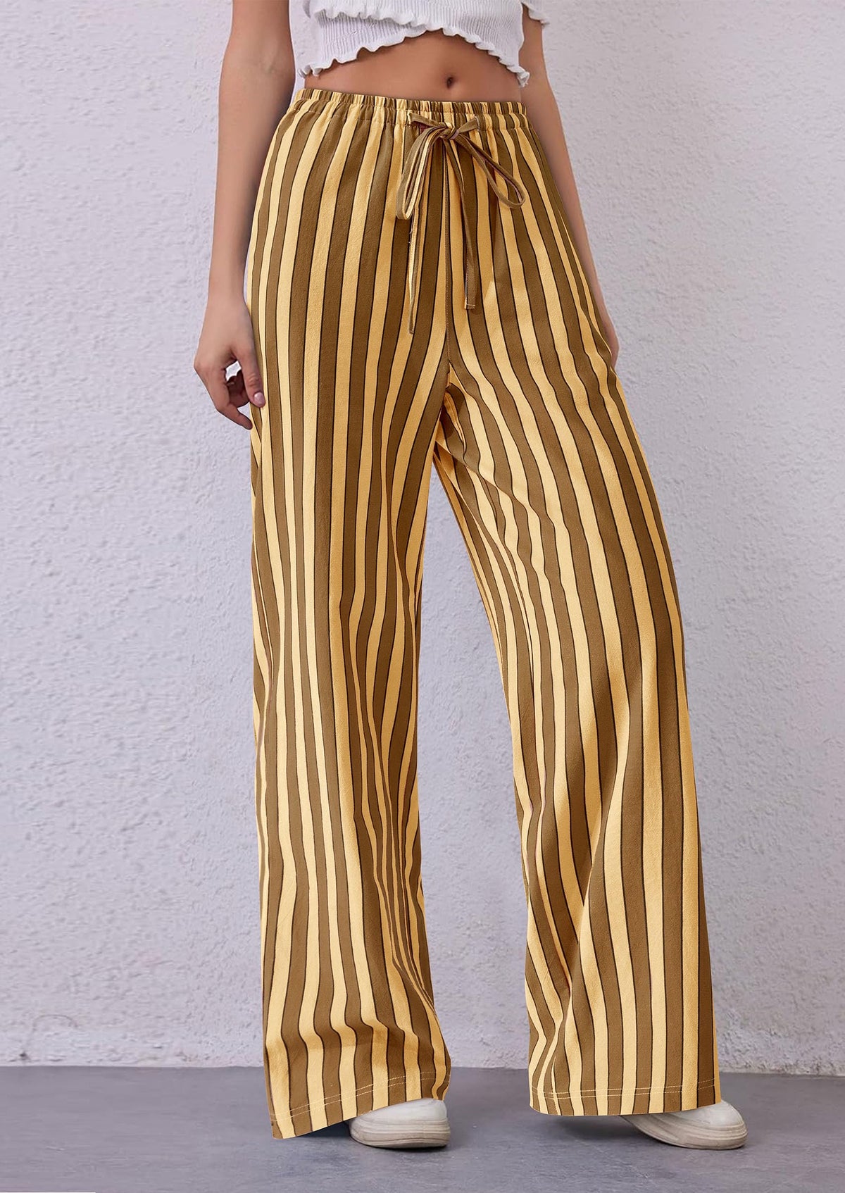 Women Striped Pants 2025 Summer Casual Trendy Lightweight Wide Leg Drawstring Lounge Pajama Trouser with Pockets