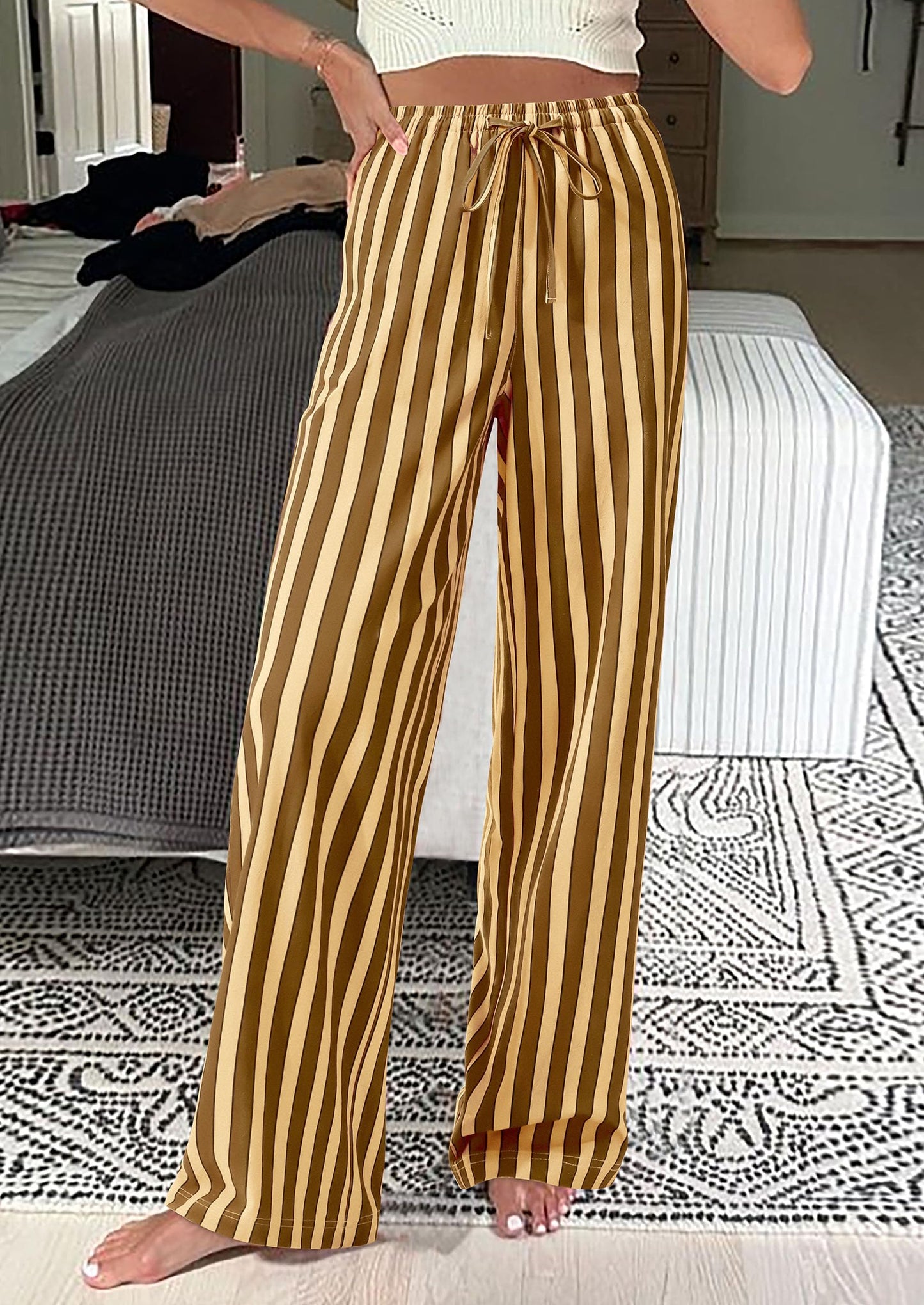 Women Striped Pants 2025 Summer Casual Trendy Lightweight Wide Leg Drawstring Lounge Pajama Trouser with Pockets