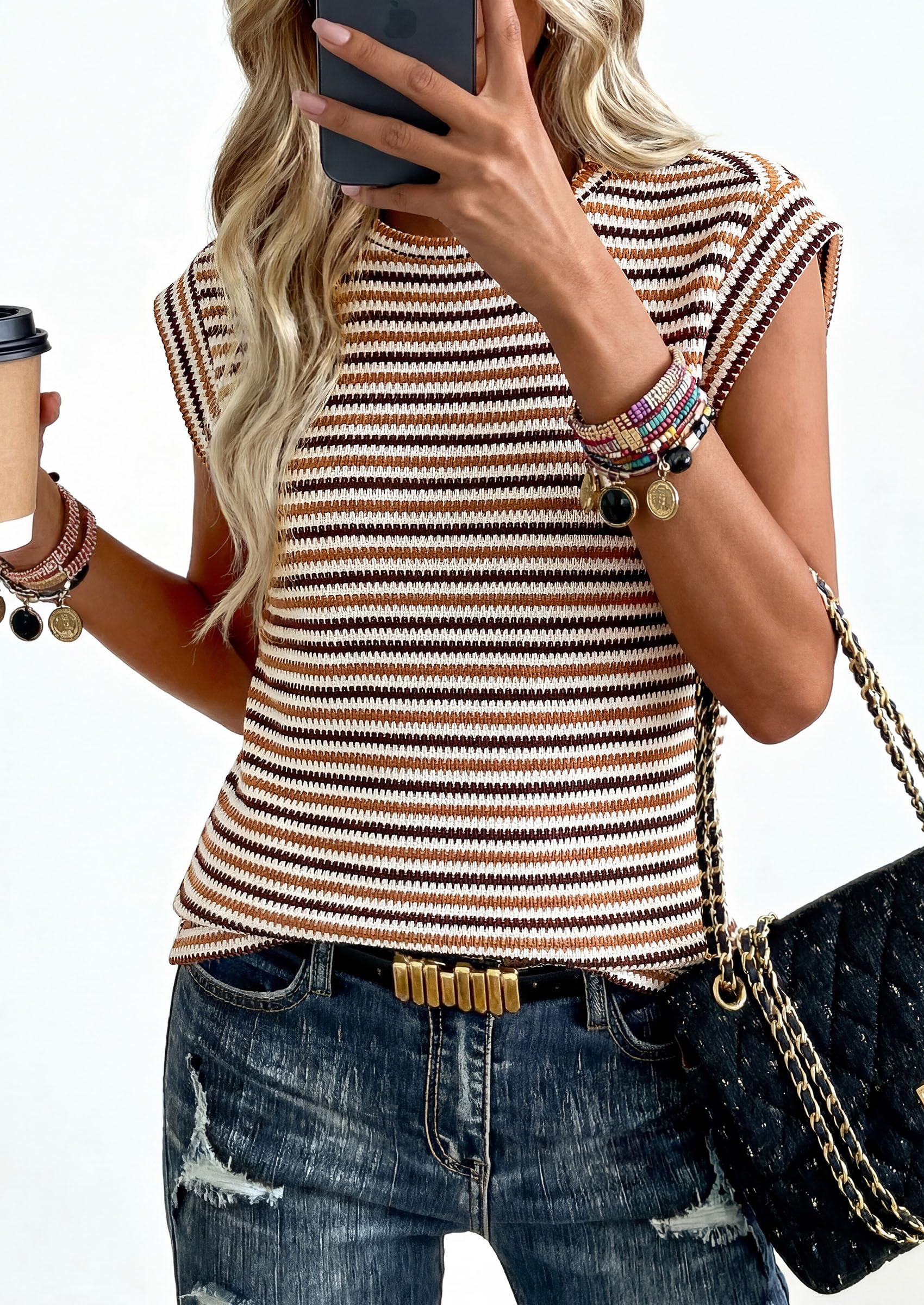 PRETTYGARDEN Women's Spring Vest Tops Cap Sleeve Striped Shirt Knit Tank Top Summer Beach Vacation Clothes PRETTYGARDEN