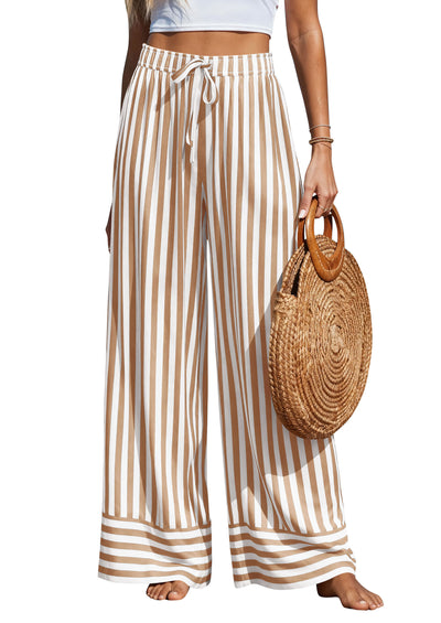 PRETTYGARDEN Womens Palazzo Pants 2026 Summer Striped Wide Leg Trousers Elastic Waist Flowy Lounge Pant Pockets