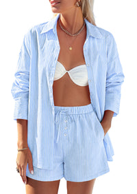 PRETTYGARDEN Women's Summer 2 Piece Matching Lounge Sets Pajamas Long Sleeve Shirts Blouse Pockets Shorts 2026 Spring Outfits