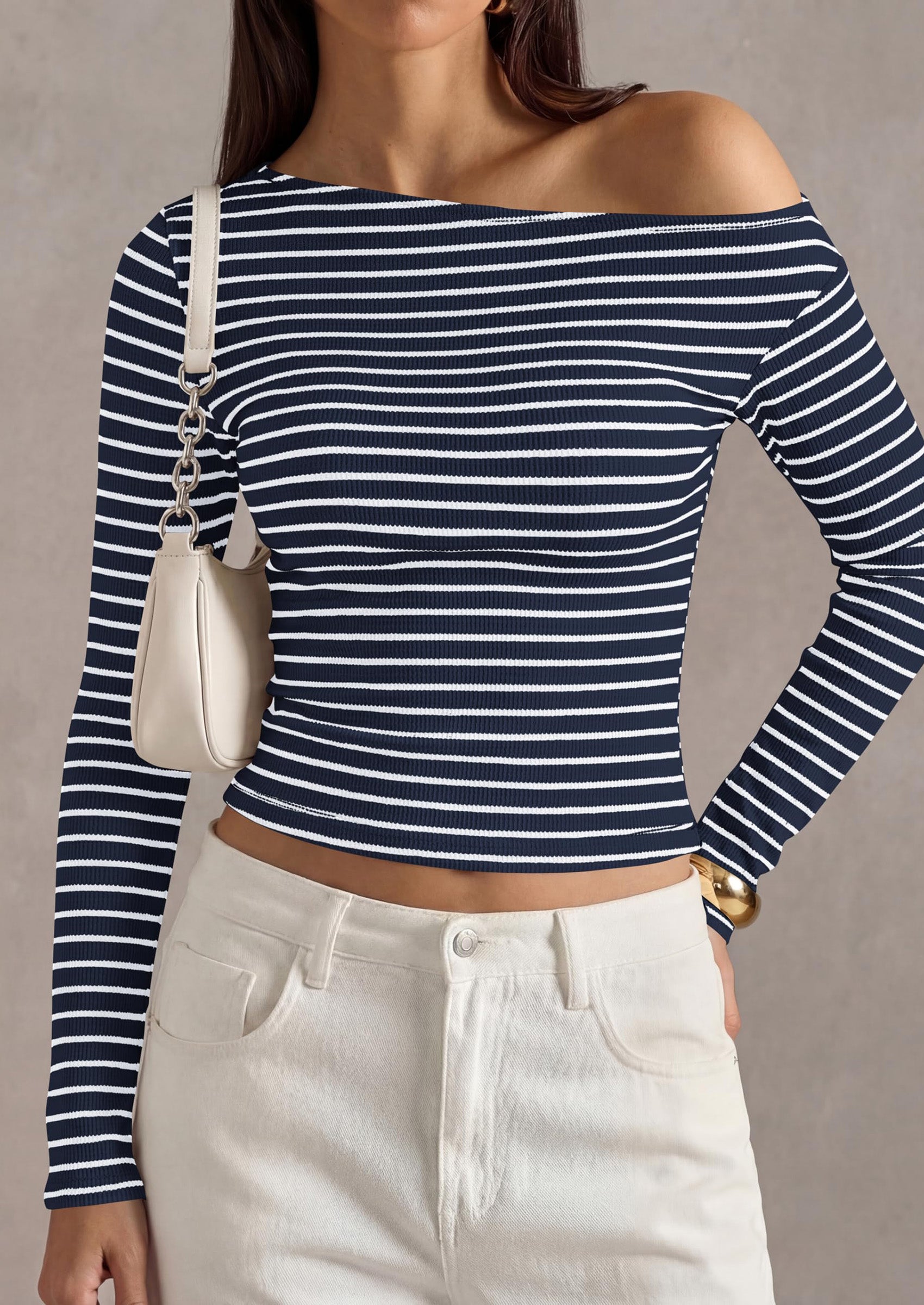 PRETTYGARDEN Womens Tops Fall Off The Shoulder Long Sleeve Shirts Striped Fitted Y2K T-Shirt Going Out Crop Top