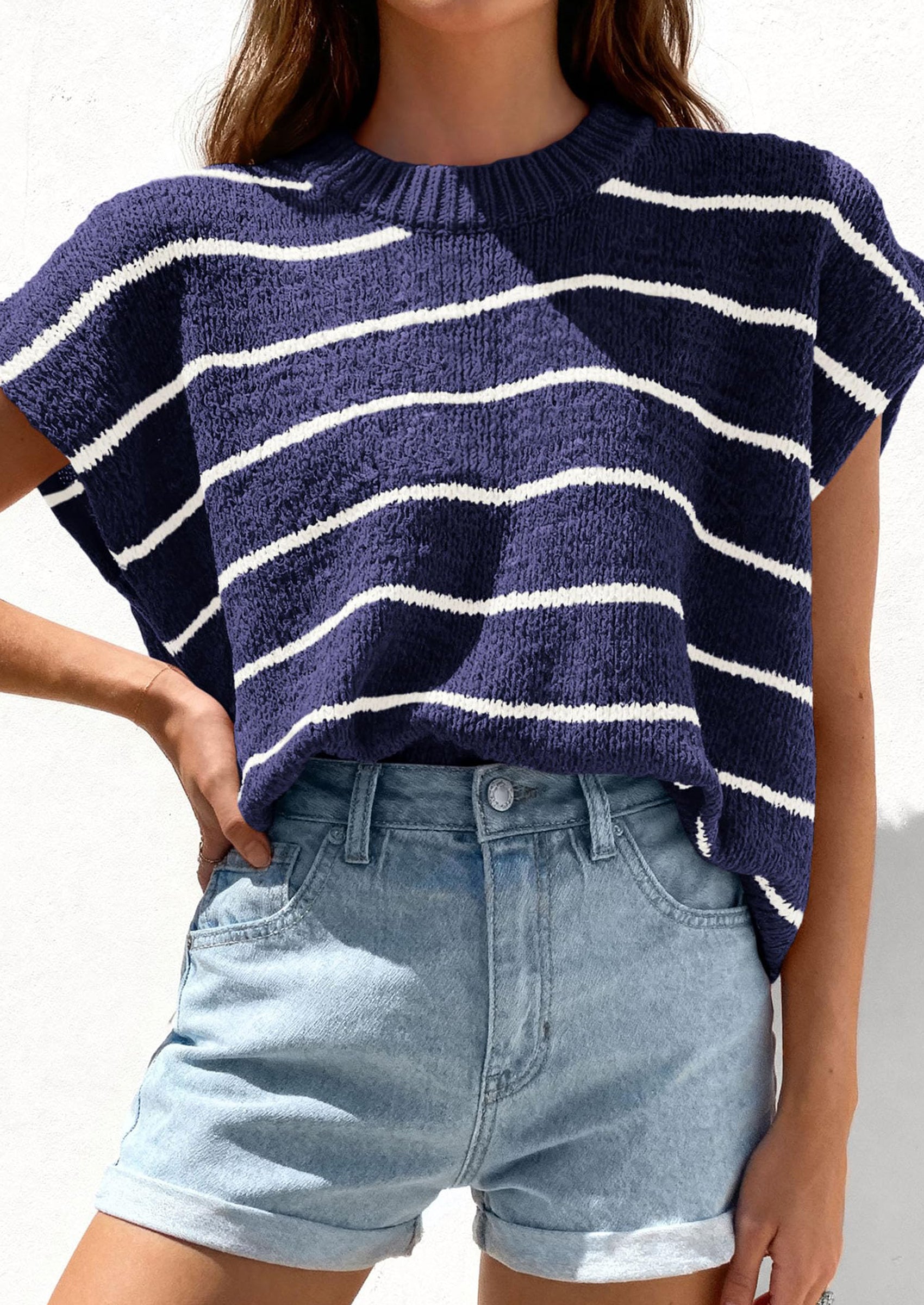 PRETTYGARDEN Womens Summer Short Sleeve Tops Trendy Crew Neck Striped Knit Sweater Business Casual Spring Clothes PRETTYGARDEN