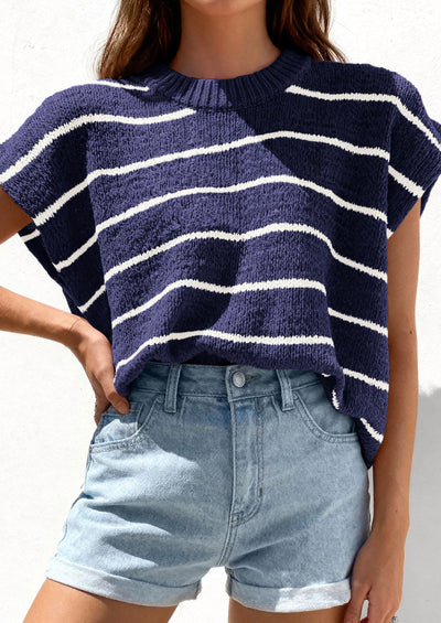 PRETTYGARDEN Womens Summer Short Sleeve Tops Trendy Crew Neck Striped Knit Sweater Business Casual Spring Clothes PRETTYGARDEN