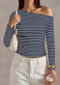 PRETTYGARDEN Womens Tops Fall Off The Shoulder Long Sleeve Shirts Striped Fitted Y2K T-Shirt Going Out Crop Top