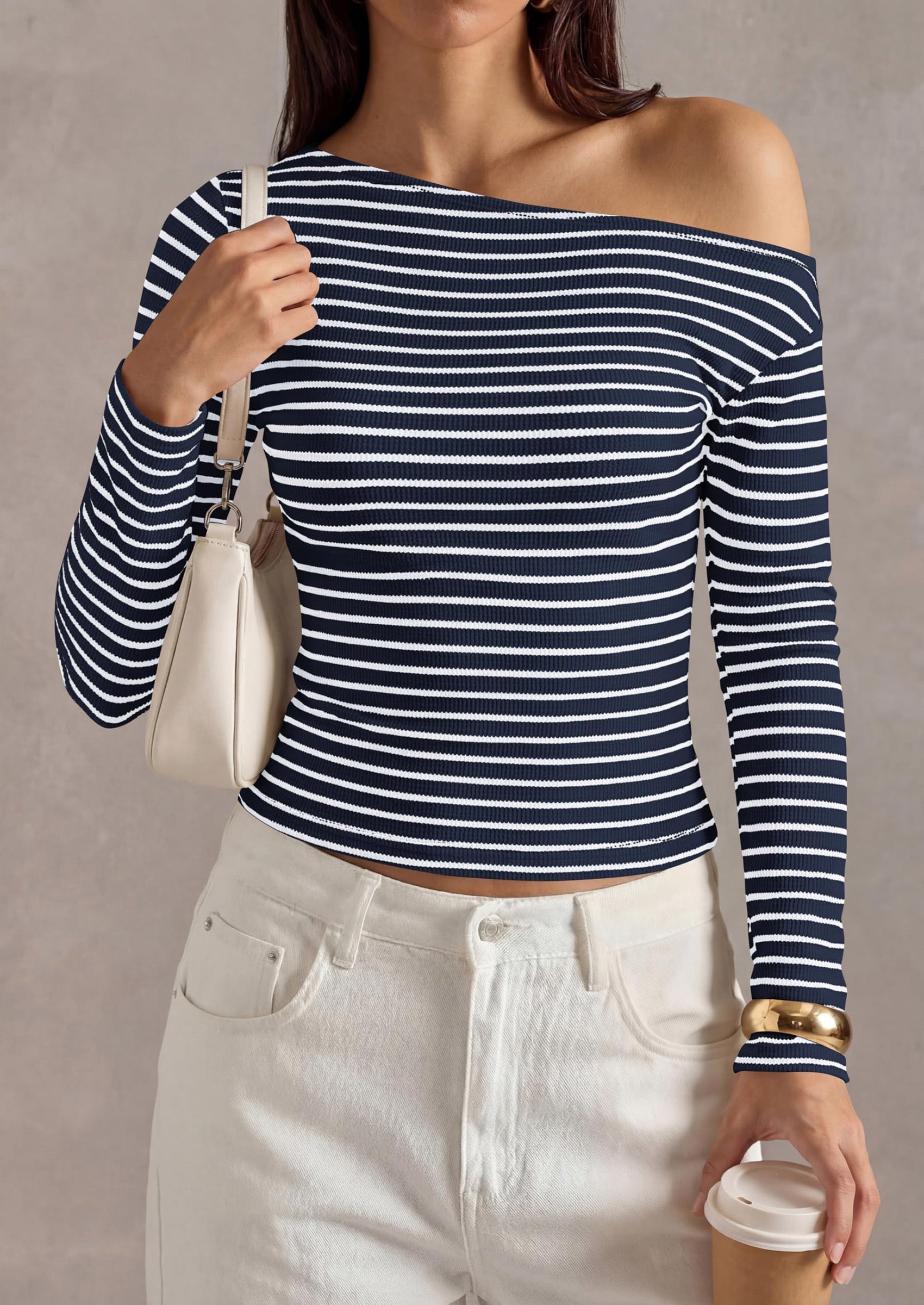 PRETTYGARDEN Womens Tops Fall Off The Shoulder Long Sleeve Shirts Striped Fitted Y2K T-Shirt Going Out Crop Top