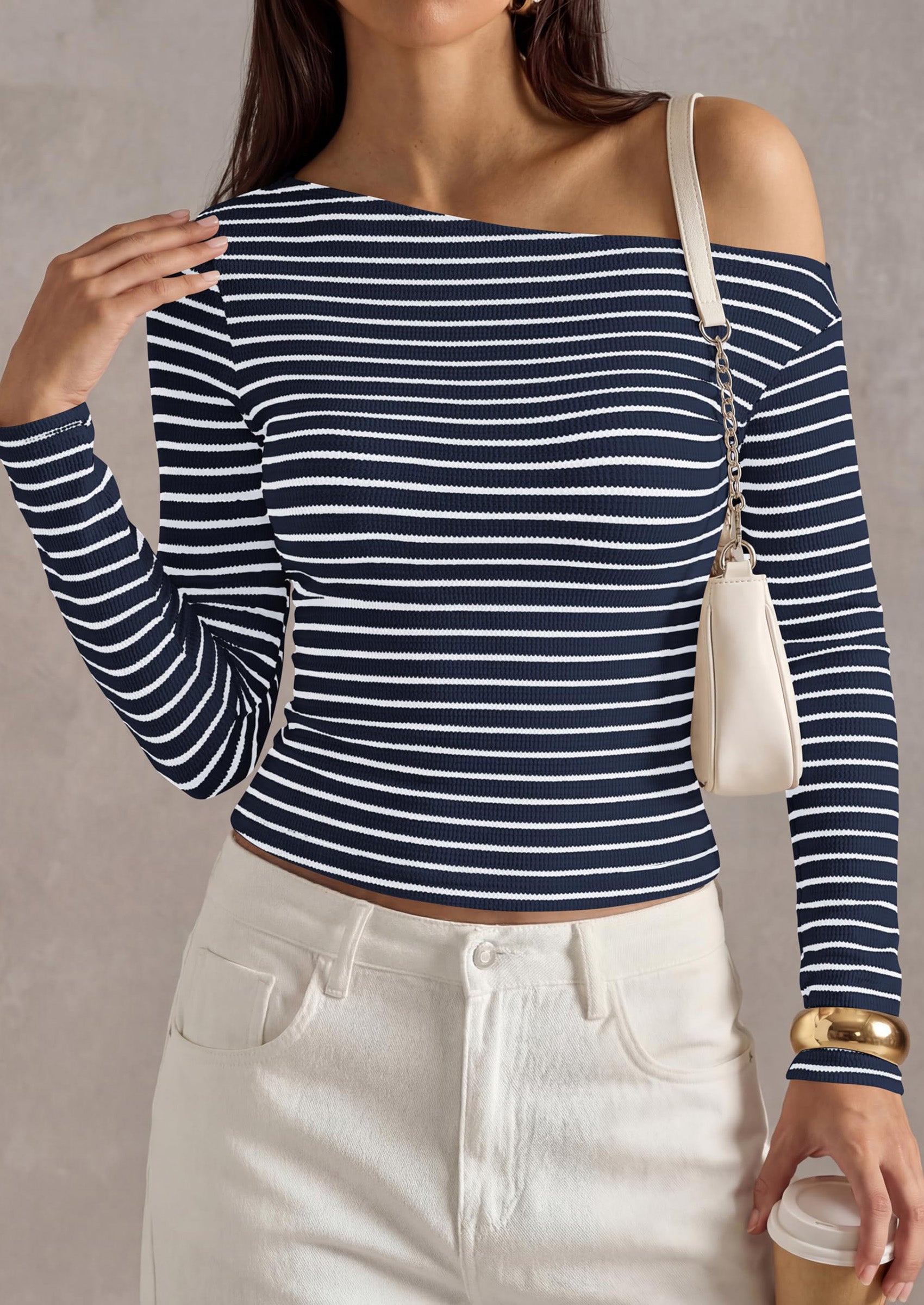 PRETTYGARDEN Womens Tops Fall Off The Shoulder Long Sleeve Shirts Striped Fitted Y2K T-Shirt Going Out Crop Top