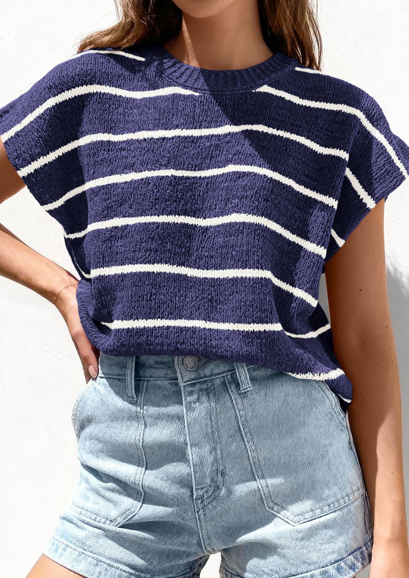 PRETTYGARDEN Womens Summer Short Sleeve Tops Trendy Crew Neck Striped Knit Sweater Business Casual Spring Clothes PRETTYGARDEN
