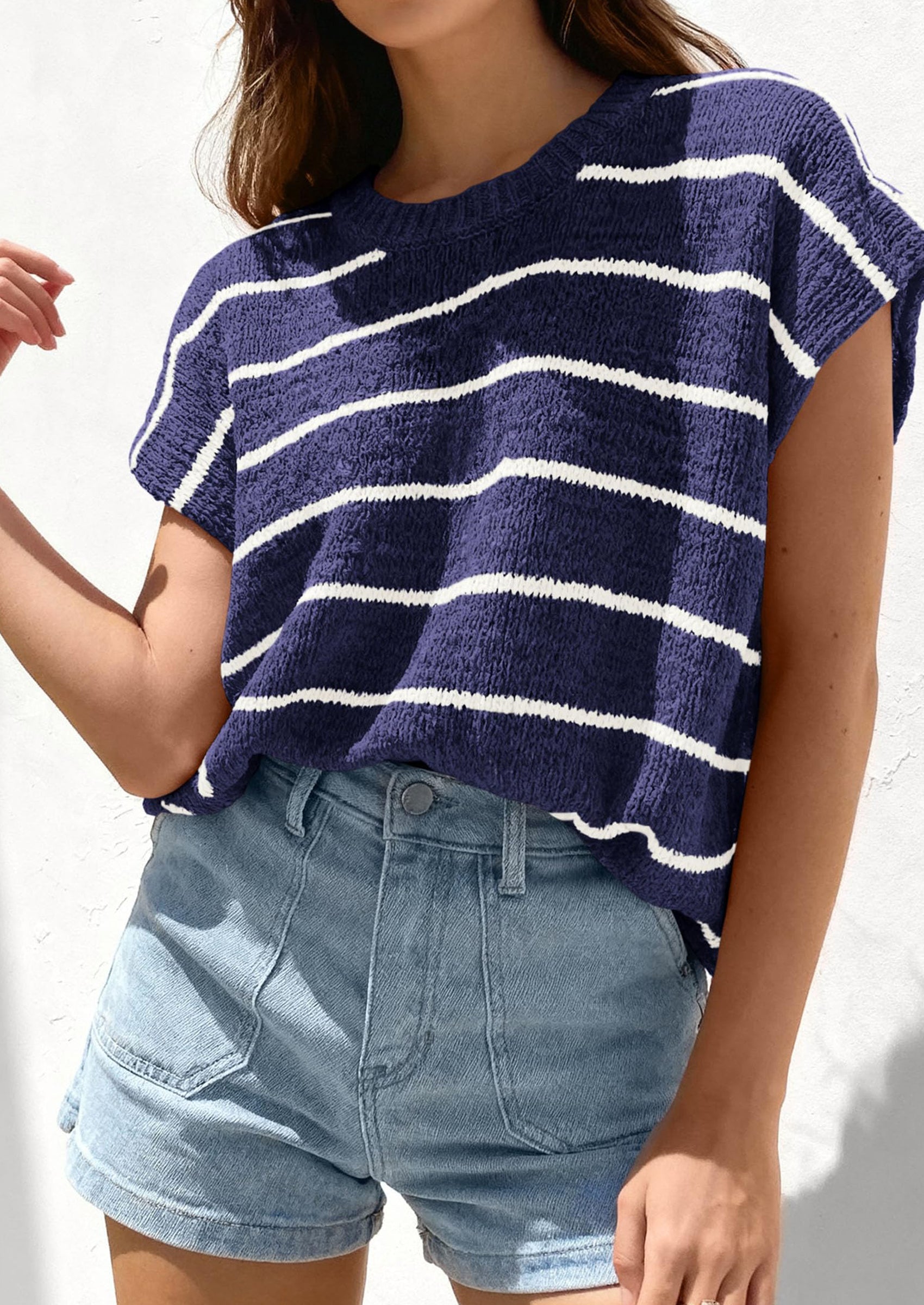 PRETTYGARDEN Womens Summer Short Sleeve Tops Trendy Crew Neck Striped Knit Sweater Business Casual Spring Clothes PRETTYGARDEN