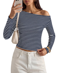PRETTYGARDEN Womens Tops 2026 Fall Off The Shoulder Long Sleeve Shirts Striped Fitted Y2K T-Shirt Going Out Crop Top