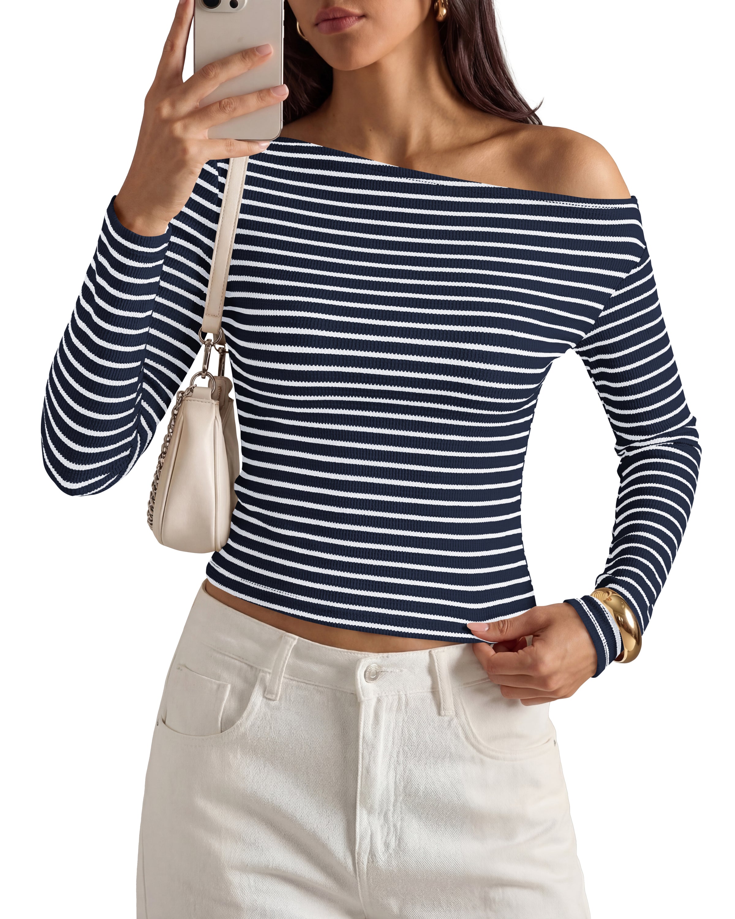 PRETTYGARDEN Womens Tops 2026 Fall Off The Shoulder Long Sleeve Shirts Striped Fitted Y2K T-Shirt Going Out Crop Top