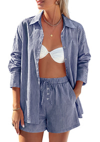 PRETTYGARDEN Women's Summer 2 Piece Matching Lounge Sets Pajamas Long Sleeve Shirts Blouse Pockets Shorts 2026 Spring Outfits