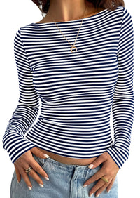 PRETTYGARDEN Long Sleeve Striped Shirts for Women				  Soft Ribbed Knit ,Y2k Tshirt,Slim Fit Layering,Cute Tops,Basic Tee,Business Casual Outfits,2026 Spring Fall Trendy Clothes
