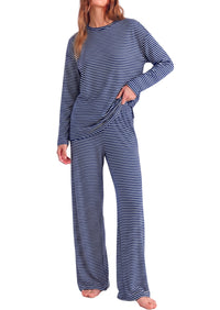 PRETTYGARDEN Womens Striped Lounge Set Fall Winter 2 Piece Sets | Side Slit Long Sleeve T-Shirts & Wide Leg Pants, Matching Pajama Sets, Comfy Pj Set, Loungewear with Pockets, Fashion Clothes