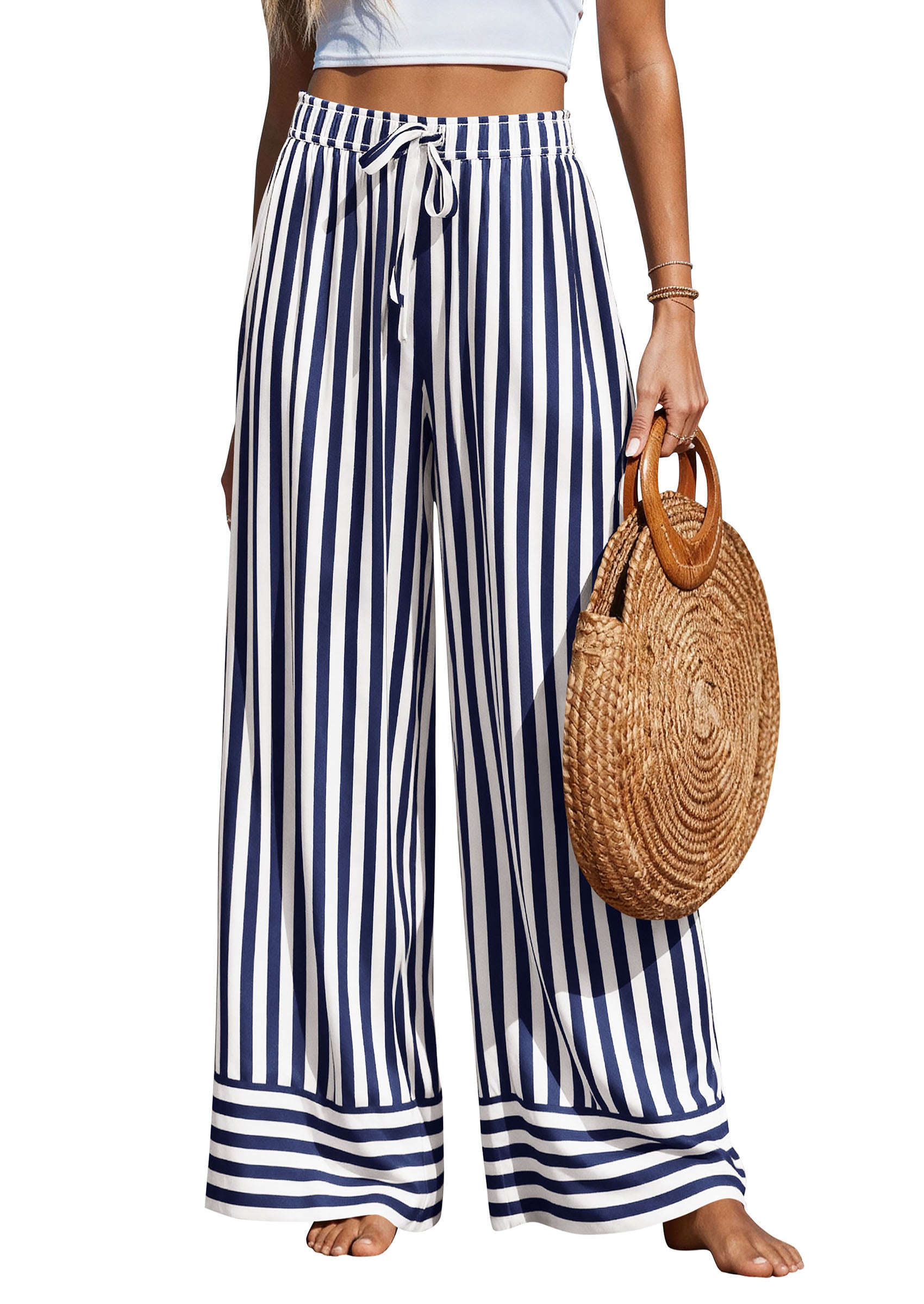 PRETTYGARDEN Womens Palazzo Pants 2026 Summer Striped Wide Leg Trousers Elastic Waist Flowy Lounge Pant Pockets