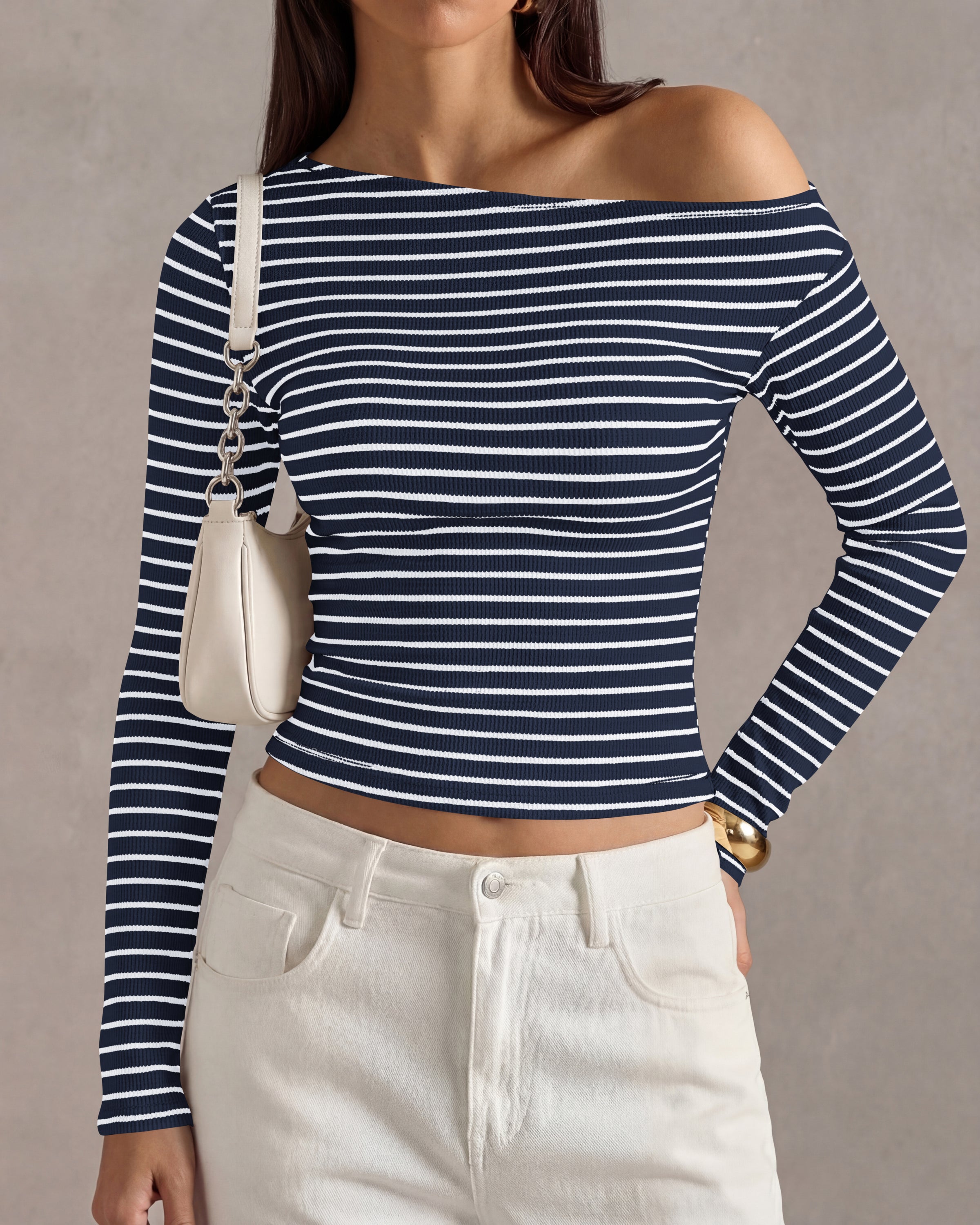 PRETTYGARDEN Womens Tops 2026 Fall Off The Shoulder Long Sleeve Shirts Striped Fitted Y2K T-Shirt Going Out Crop Top