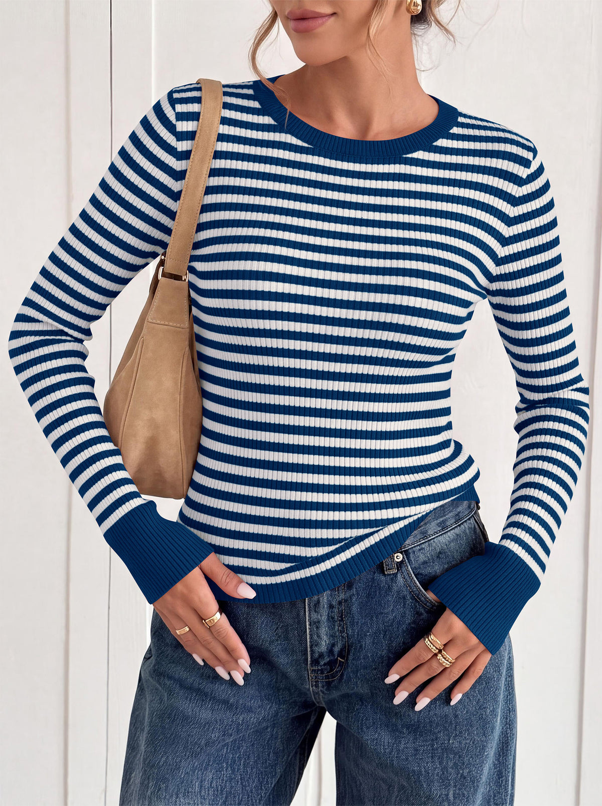 PRETTYGARDEN Womens Long Sleeve Striped Fitted Sweater Tops  | Crewneck Color Block Fall Sweaters, Stretchy Ribbed Knit Tops, Slim Fit Shirts for Going Out, Business Casual, Trendy Clothes