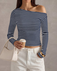 PRETTYGARDEN Womens Tops 2026 Fall Off The Shoulder Long Sleeve Shirts Striped Fitted Y2K T-Shirt Going Out Crop Top