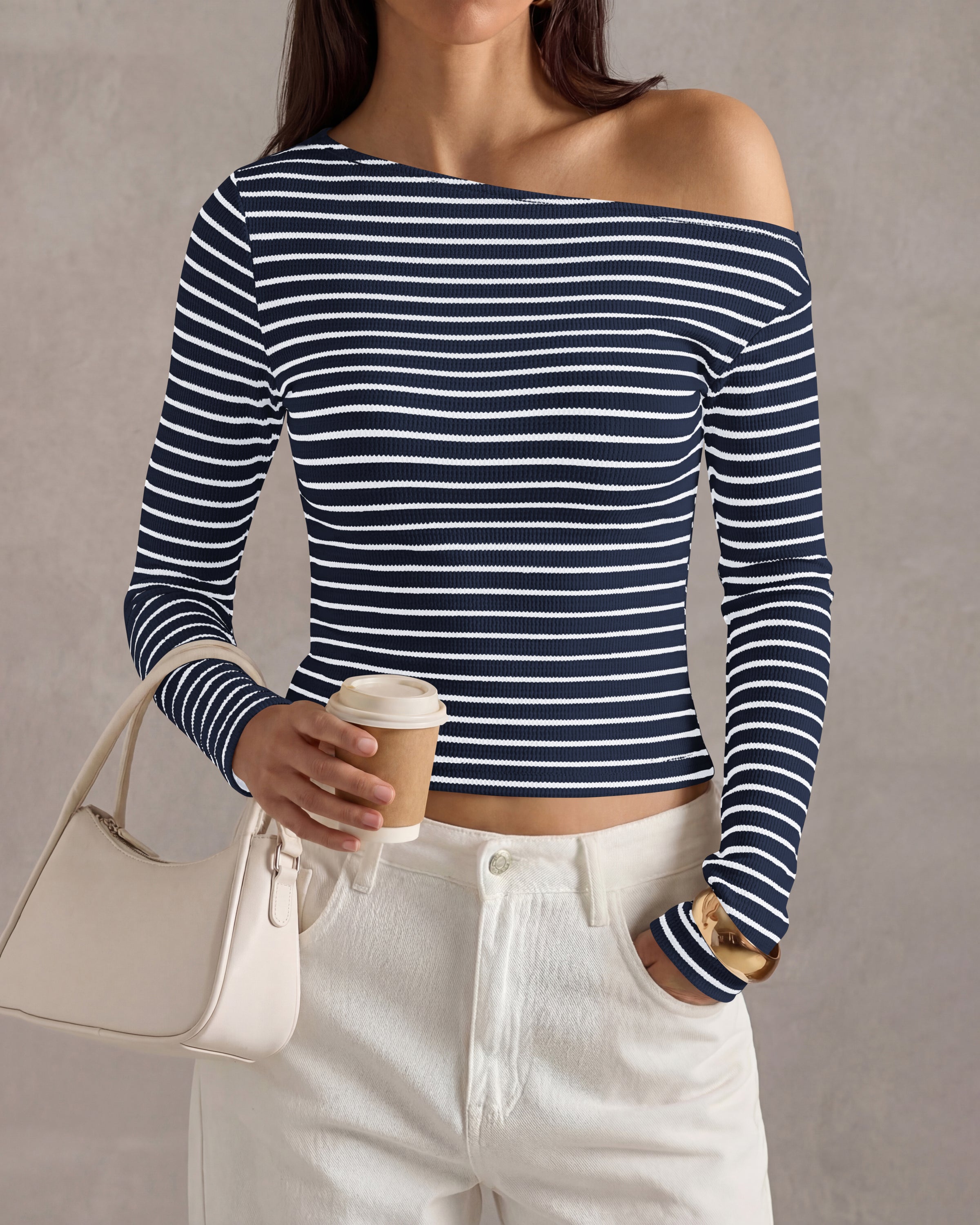 PRETTYGARDEN Womens Tops 2026 Fall Off The Shoulder Long Sleeve Shirts Striped Fitted Y2K T-Shirt Going Out Crop Top