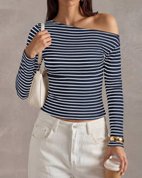 PRETTYGARDEN Womens Tops 2026 Fall Off The Shoulder Long Sleeve Shirts Striped Fitted Y2K T-Shirt Going Out Crop Top
