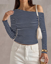 PRETTYGARDEN Womens Tops 2026 Fall Off The Shoulder Long Sleeve Shirts Striped Fitted Y2K T-Shirt Going Out Crop Top