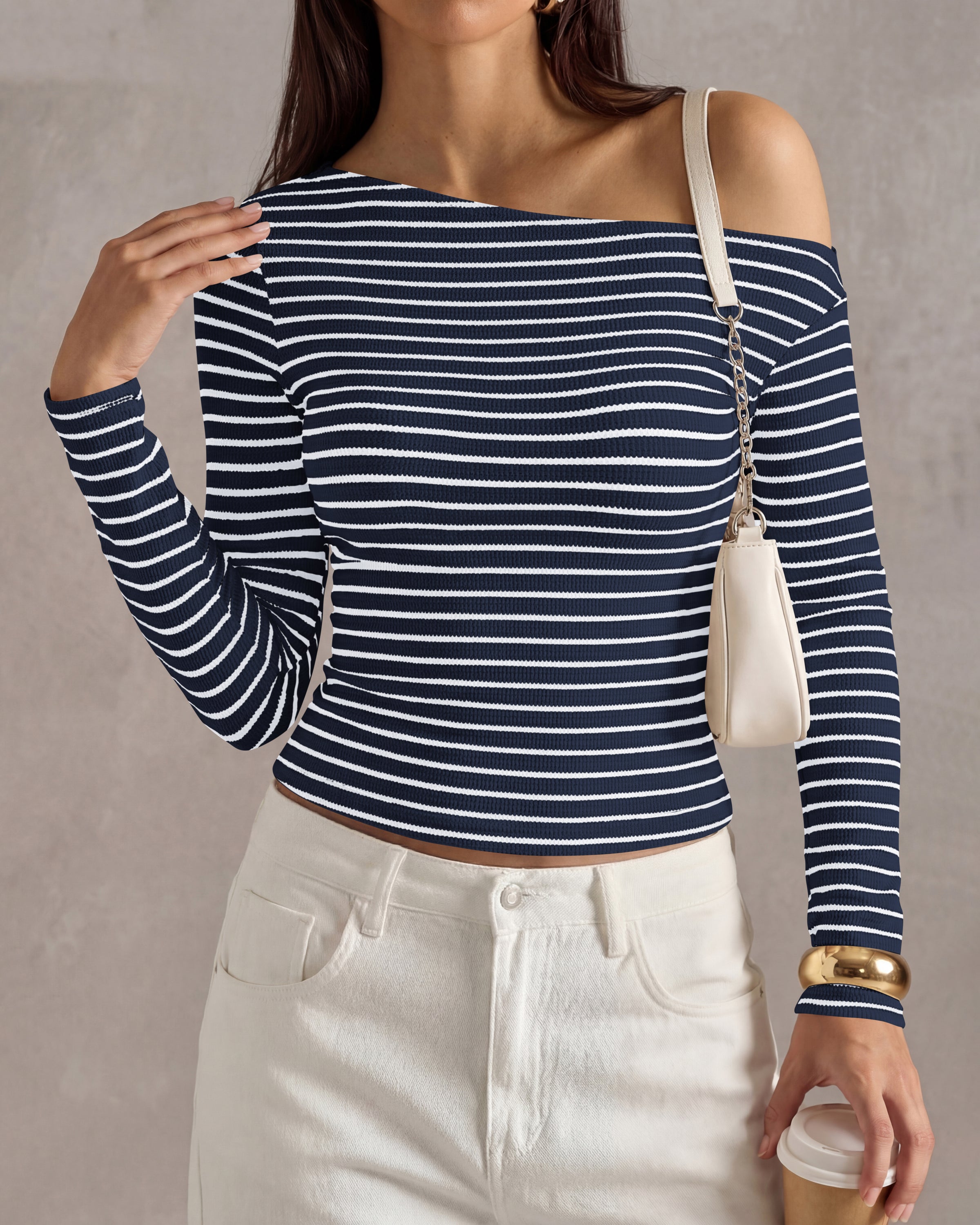 PRETTYGARDEN Womens Tops 2026 Fall Off The Shoulder Long Sleeve Shirts Striped Fitted Y2K T-Shirt Going Out Crop Top