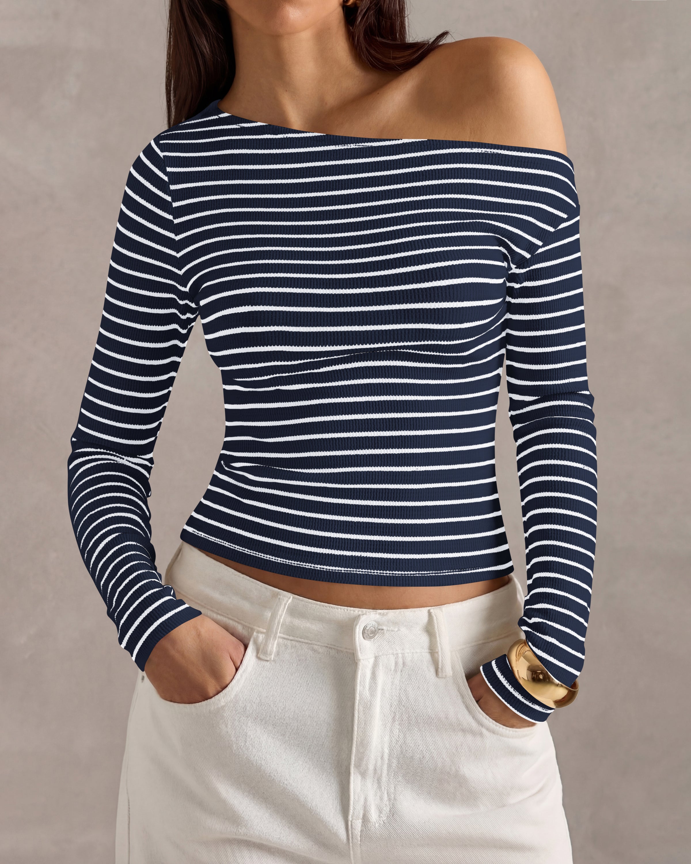 PRETTYGARDEN Womens Tops 2026 Fall Off The Shoulder Long Sleeve Shirts Striped Fitted Y2K T-Shirt Going Out Crop Top