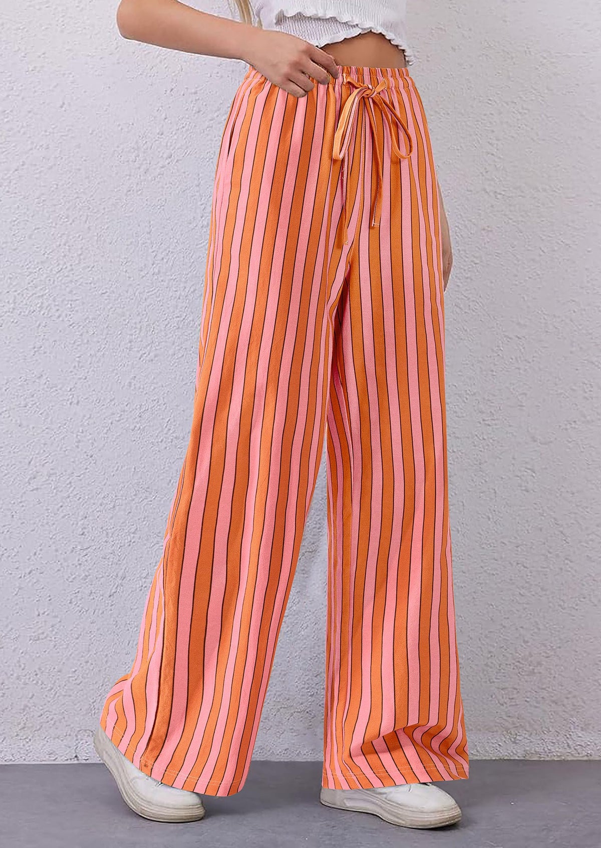 Women Striped Pants 2025 Summer Casual Trendy Lightweight Wide Leg Drawstring Lounge Pajama Trouser with Pockets