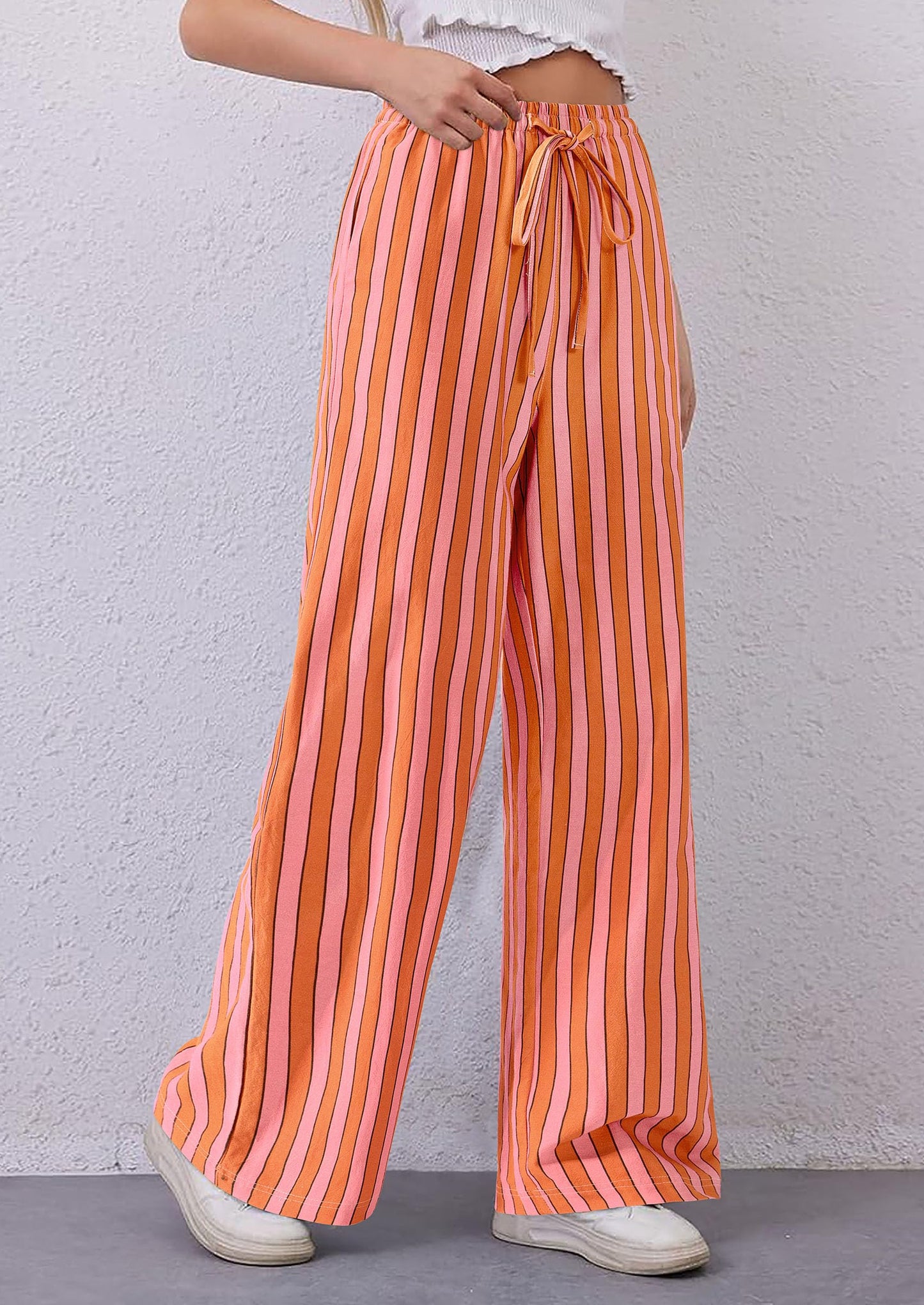 Women Striped Pants 2025 Summer Casual Trendy Lightweight Wide Leg Drawstring Lounge Pajama Trouser with Pockets