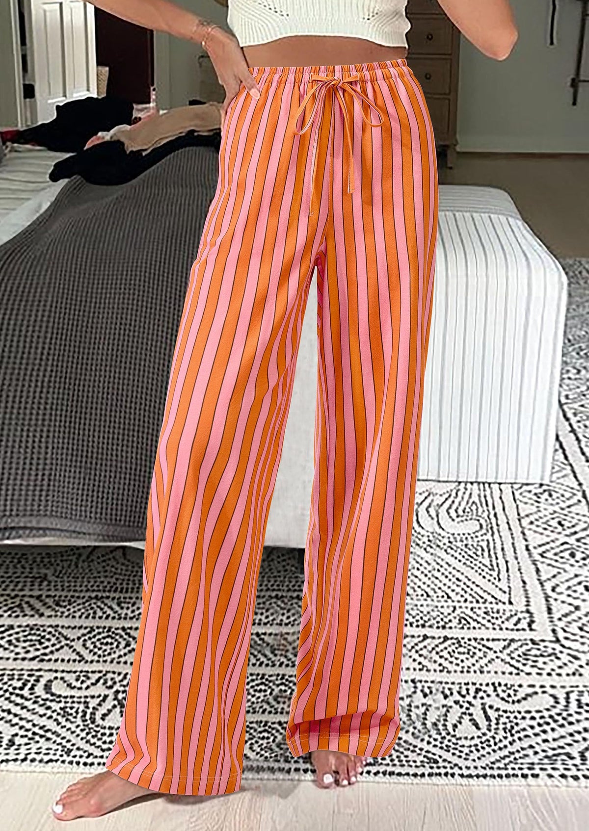 Women Striped Pants 2025 Summer Casual Trendy Lightweight Wide Leg Drawstring Lounge Pajama Trouser with Pockets