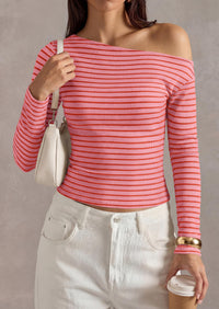 PRETTYGARDEN Womens Tops Fall Off The Shoulder Long Sleeve Shirts Striped Fitted Y2K T-Shirt Going Out Crop Top