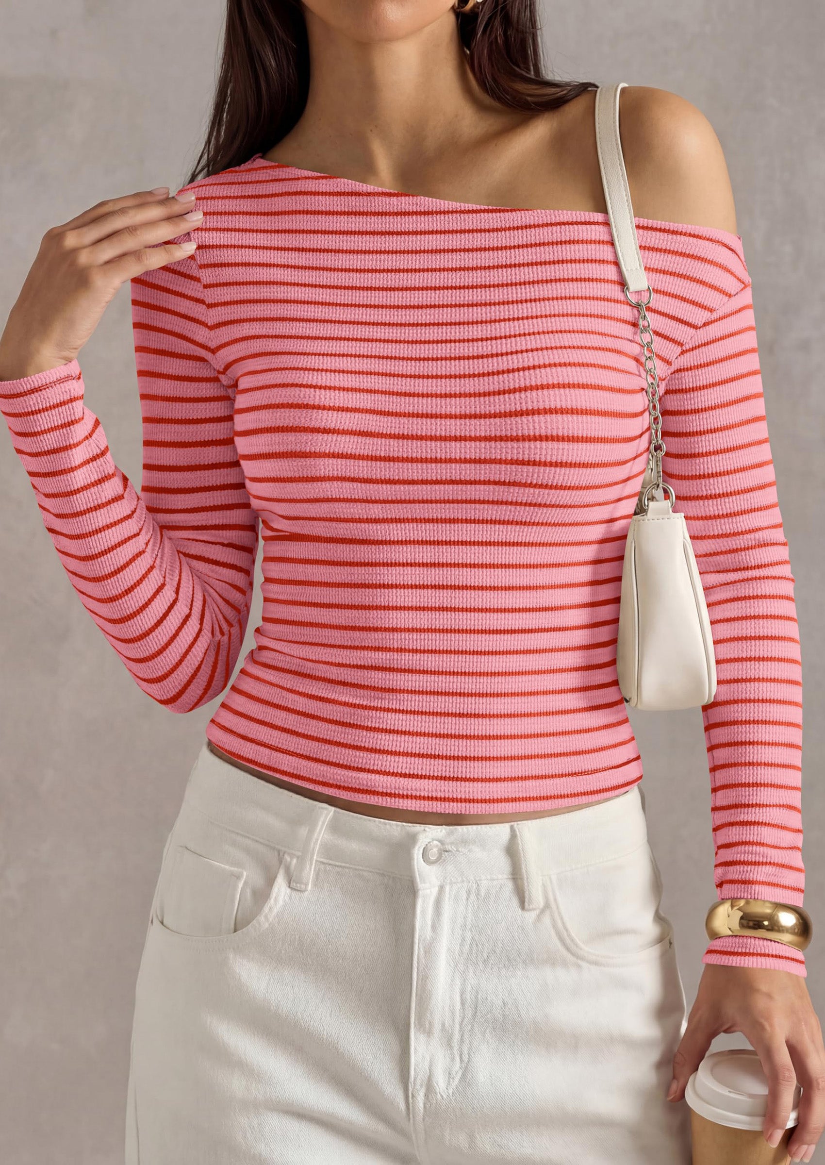 PRETTYGARDEN Womens Tops Fall Off The Shoulder Long Sleeve Shirts Striped Fitted Y2K T-Shirt Going Out Crop Top