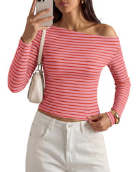 PRETTYGARDEN Womens Tops 2026 Fall Off The Shoulder Long Sleeve Shirts Striped Fitted Y2K T-Shirt Going Out Crop Top