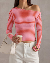 PRETTYGARDEN Womens Tops 2026 Fall Off The Shoulder Long Sleeve Shirts Striped Fitted Y2K T-Shirt Going Out Crop Top