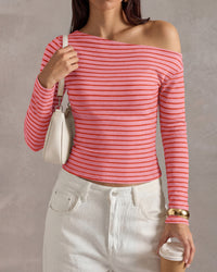 PRETTYGARDEN Womens Tops 2026 Fall Off The Shoulder Long Sleeve Shirts Striped Fitted Y2K T-Shirt Going Out Crop Top