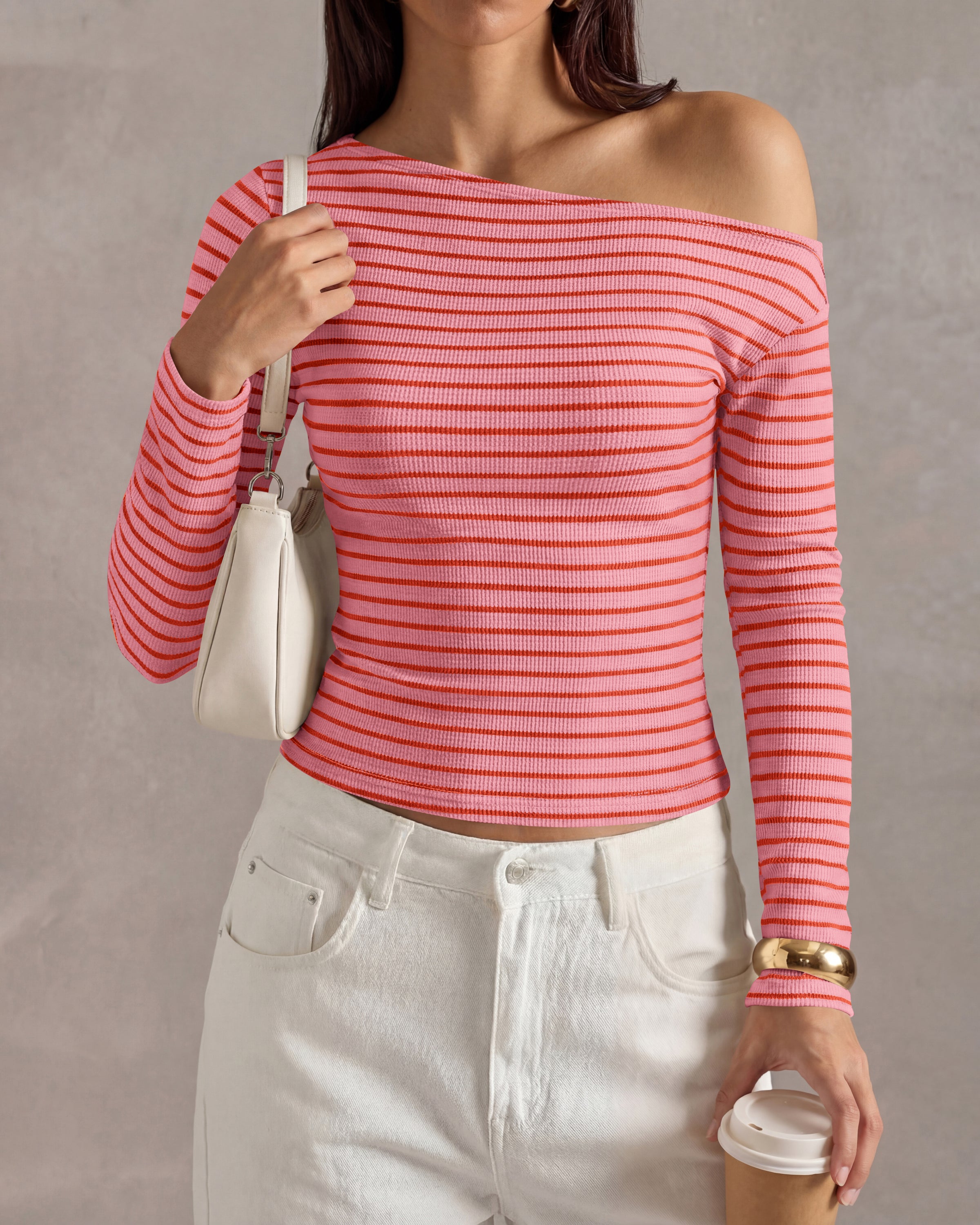 PRETTYGARDEN Womens Tops 2026 Fall Off The Shoulder Long Sleeve Shirts Striped Fitted Y2K T-Shirt Going Out Crop Top