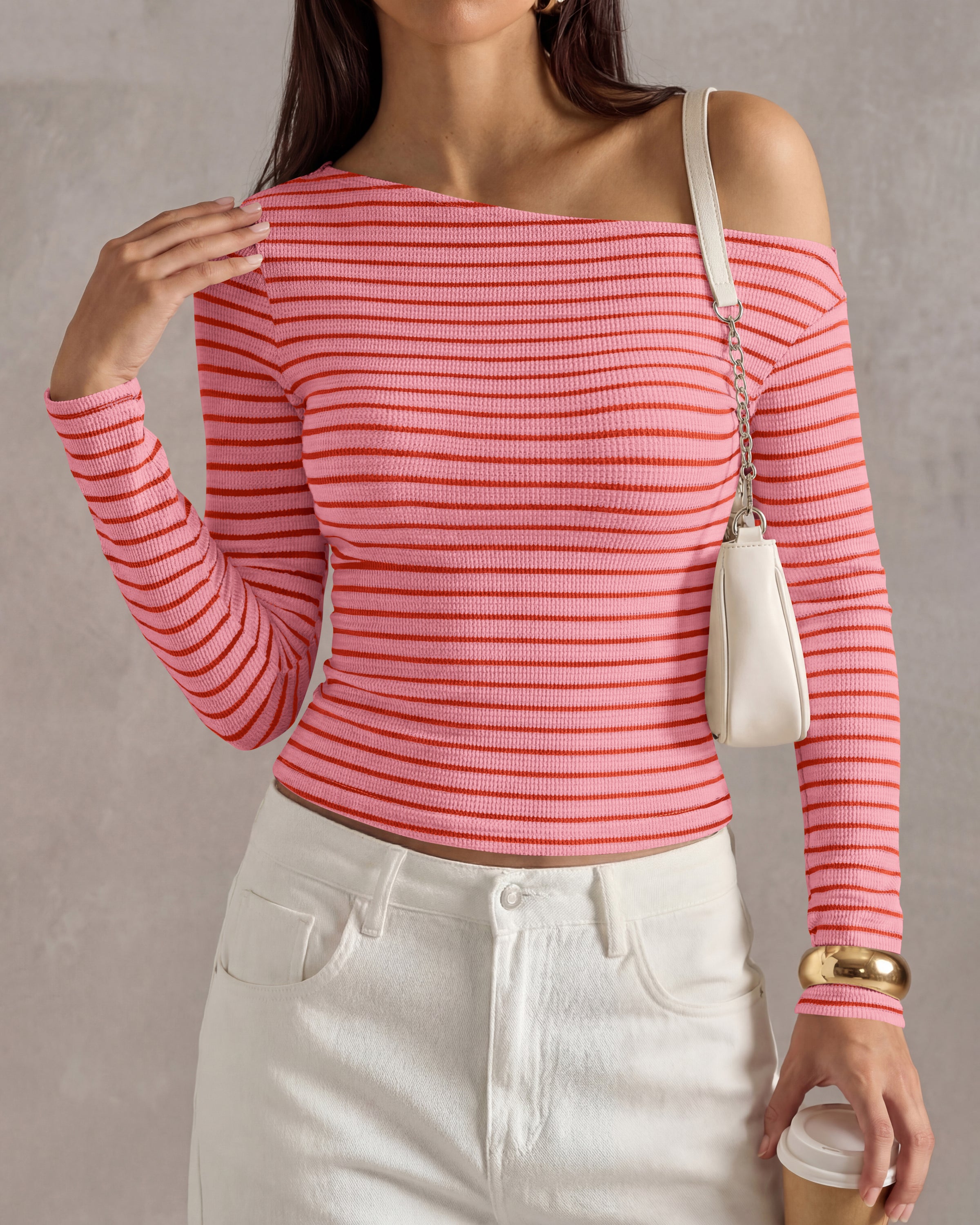 PRETTYGARDEN Womens Tops 2026 Fall Off The Shoulder Long Sleeve Shirts Striped Fitted Y2K T-Shirt Going Out Crop Top