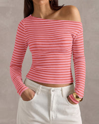 PRETTYGARDEN Womens Tops 2026 Fall Off The Shoulder Long Sleeve Shirts Striped Fitted Y2K T-Shirt Going Out Crop Top