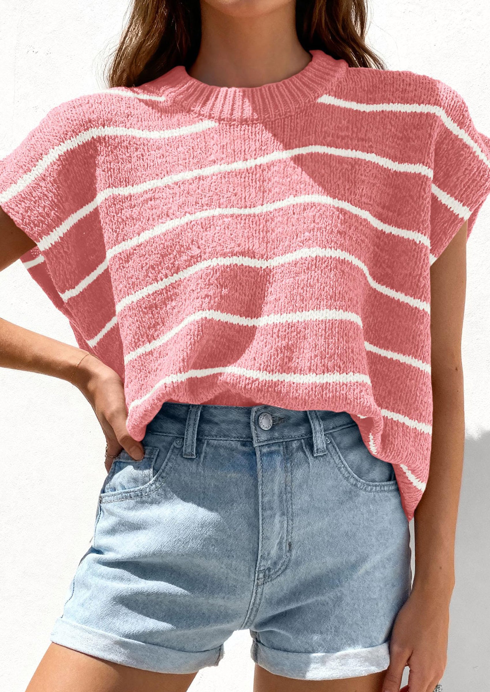 PRETTYGARDEN Womens Summer Short Sleeve Tops Trendy Crew Neck Striped Knit Sweater Business Casual Spring Clothes PRETTYGARDEN