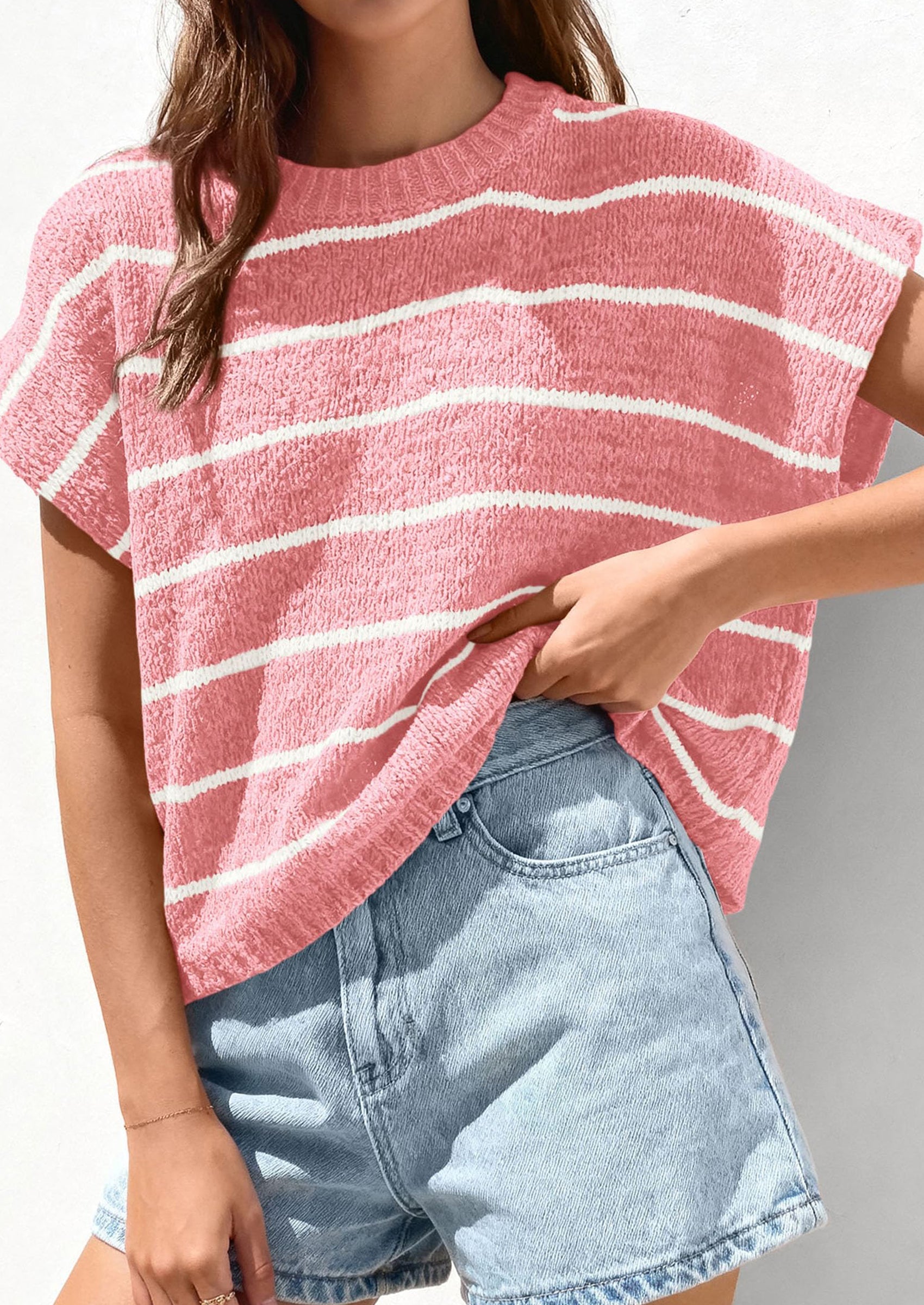 PRETTYGARDEN Womens Summer Short Sleeve Tops Trendy Crew Neck Striped Knit Sweater Business Casual Spring Clothes PRETTYGARDEN